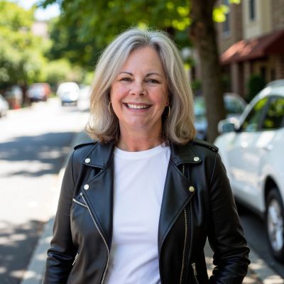 Smiling woman in black leather jacket outdoors.