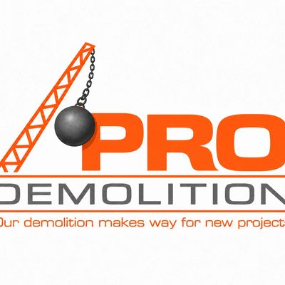 Logo of a demolition company with a wrecking ball and crane graphic.