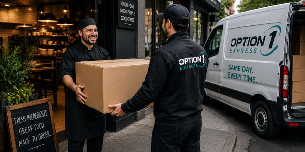 Delivery person hands a box to a chef outside a restaurant.