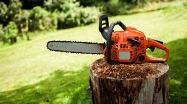Orange chainsaw resting on a tree stump outdoors.