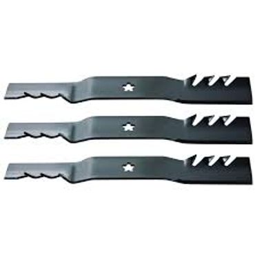 Three black lawn mower blades with star-shaped mounting holes.