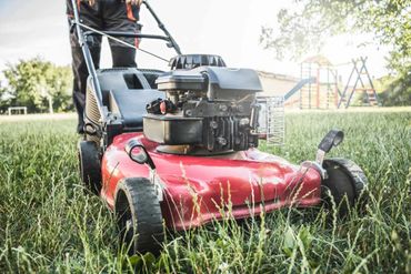Person pushing a red lawn mower on tall grass in a sunny park.