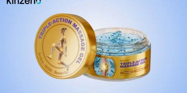 Jar of triple-action massage gel with blue beads.