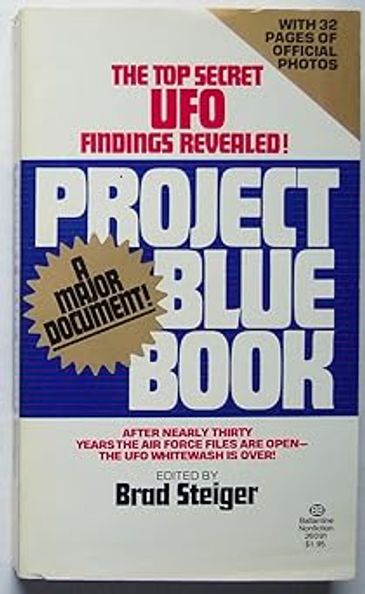 Cover of Project Blue Book book revealing top secret UFO findings.
