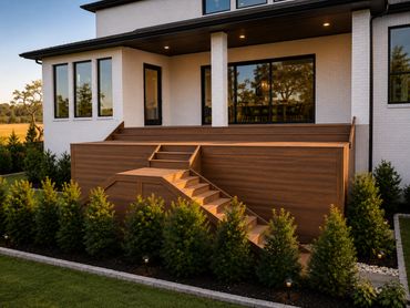Modern white brick house with a wooden deck and stairs surrounded by greenery.
