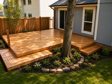 A newly built wooden deck with steps around a tree in a backyard.