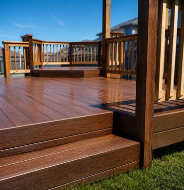 A polished wooden deck with railing on a sunny day.