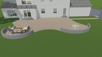 Beige paver patio 3d design and grey sitting wall and fire pit