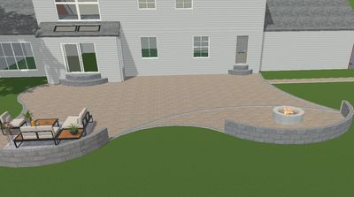 3d design of beige paver patio and grey sitting wall and fire pit