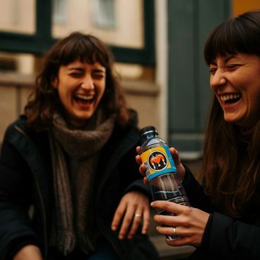 Two women laughing together while holding a water bottle with a colorful label.