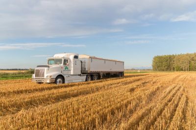 White semi-truck on a harvested field.