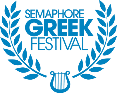 Semaphore Greek Festival logo with laurel wreath and lyre symbol in vibrant blue.