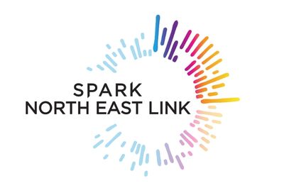Logo for Spark North East Link featuring a circular burst of colourful lines around bold text.