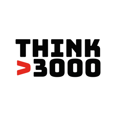 THINK 3000 logo with bold black lettering and a striking red angle bracket symbol.