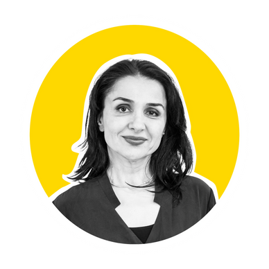 Picture of Angela Kalliakoudis with White Illustrated Outline on Yellow Background