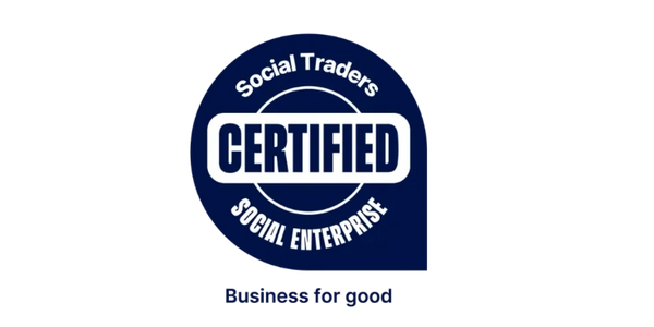 Social Traders Certified Social Enterprise badge with text “Business for good” on a dark background.