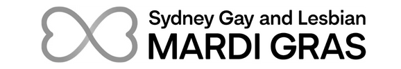 Sydney Gay and Lesbian Mardi Gras logo with pink infinity heart symbol and bold black text.