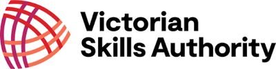 Logo of the Victorian Skills Authority with bold black text and an abstract globe design.