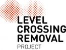 Level Crossing Removal Project logo with bold black text and two red dotted diamond shapes in the background.