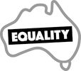 Equality logo with bold white text on black, inside a blue outline of Australia.