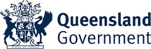 Queensland Government logo with a dark blue state crest featuring a deer and a bird on a shield