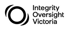 Logo of Integrity Oversight Victoria, featuring a bold circular graphic symbol on the left and the organisation name in black text on the right.
