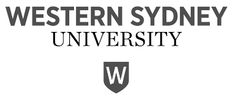Western Sydney University logo with red and black text above a red shield with a white “W”.