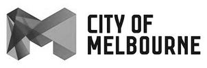 City of Melbourne logo with angular green and blue “M” and bold black text.