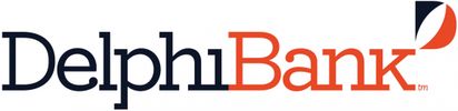 Delphi Bank logo featuring "Delphi" in black and "Bank" in orange, with a red and navy abstract emblem to the top right.
