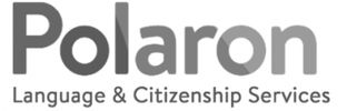 Polaron Language & Citizenship Services logo with colourful gradient text and tagline below.