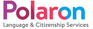 Polaron Language & Citizenship Services logo with colourful gradient text in shades of pink, red, and blue.