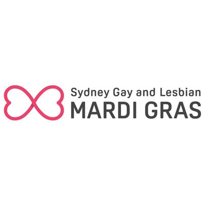 Sydney Gay and Lesbian Mardi Gras logo with pink infinity-heart symbol and bold text.