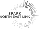 Spark North East Link logo with circular rainbow burst and bold black text.