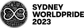 Sydney Mardi Gras infinity logo with rainbow border, and words like “Amplify,” and “Dream.”