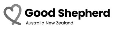 Good Shepherd Australia New Zealand logo with red and purple heart symbol and bold black text.