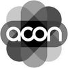 ACON logo with white text inside a multicoloured overlapping petal design on a black background.