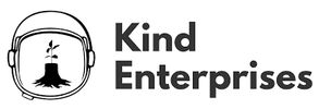 Kind Enterprises logo with dark green text and an astronaut helmet icon featuring a sprouting plant.