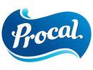Procal logo with white cursive text on a blue wave-shaped background, featuring a splash design element.