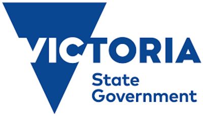 Logo of the Victoria State Government featuring bold blue text and a distinctive triangular emblem.