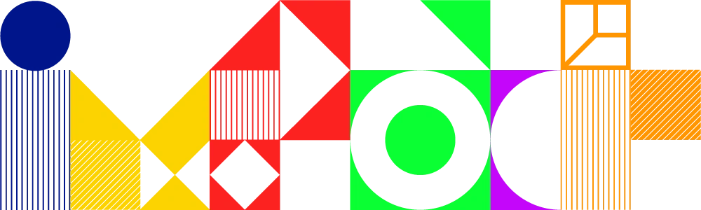 Abstract geometric lettering in bold colours spelling “IMPACT,” made from circles, lines, and shapes