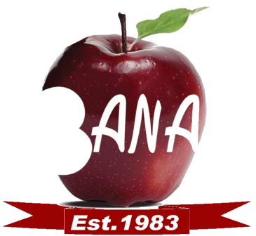 Logo of a red apple with bite marks and text 'ANA' and 'Est. 1983'.