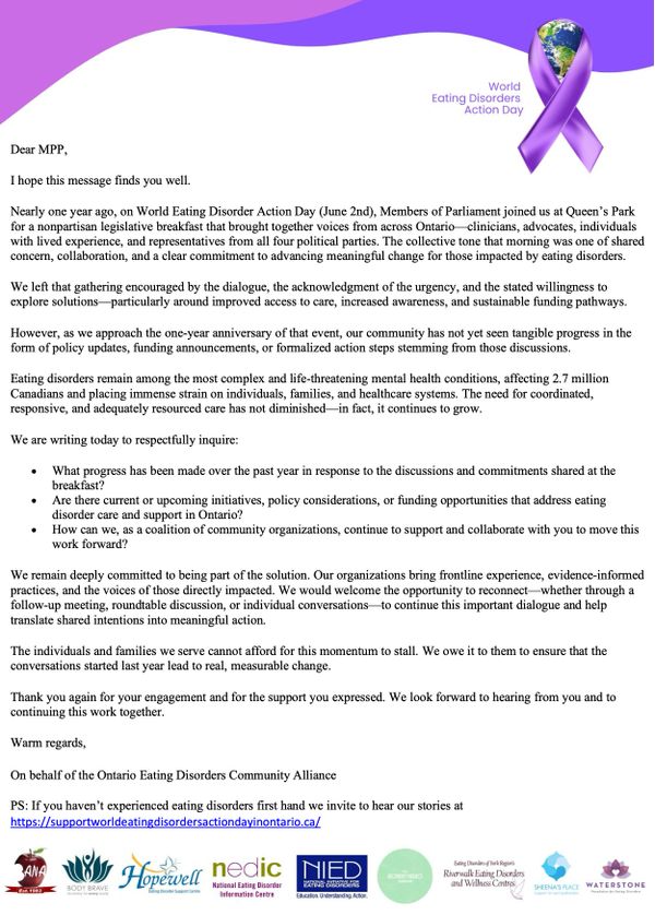 Letter urging Ontario MPPs to act on eating disorder care progress and funding.