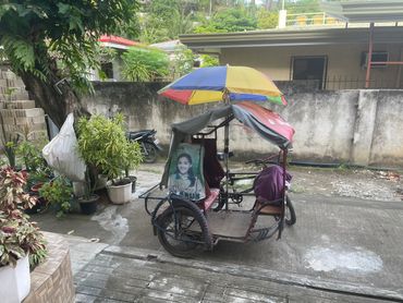 A colorful pedicab parked beside potted plants and a concrete wall.