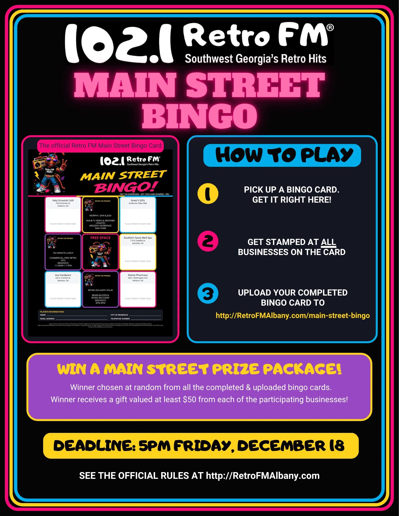 Main Street Bingo game from 102.1 Retro FM with instructions and prize details.