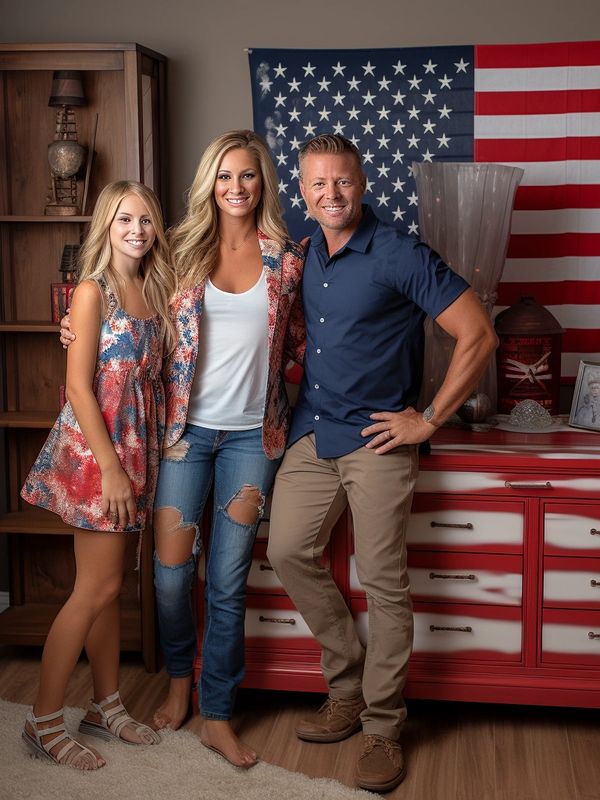 a family of three standing near a table