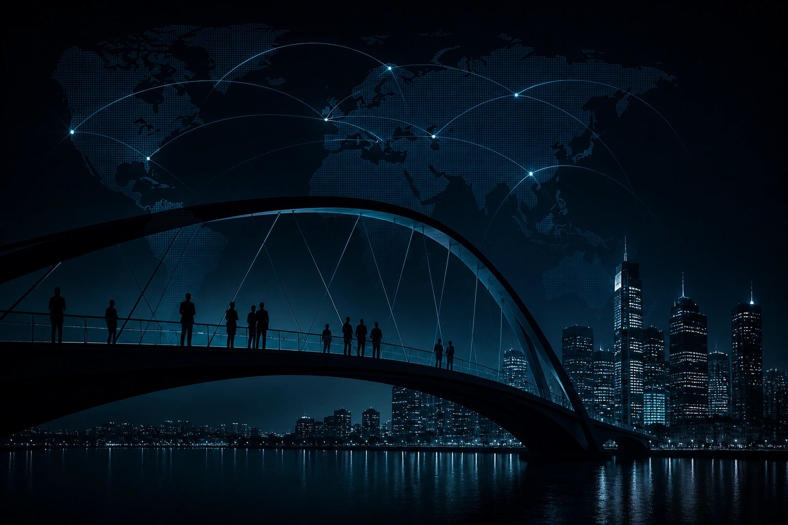 Silhouetted people on a bridge with city skyline and digital global network connections.