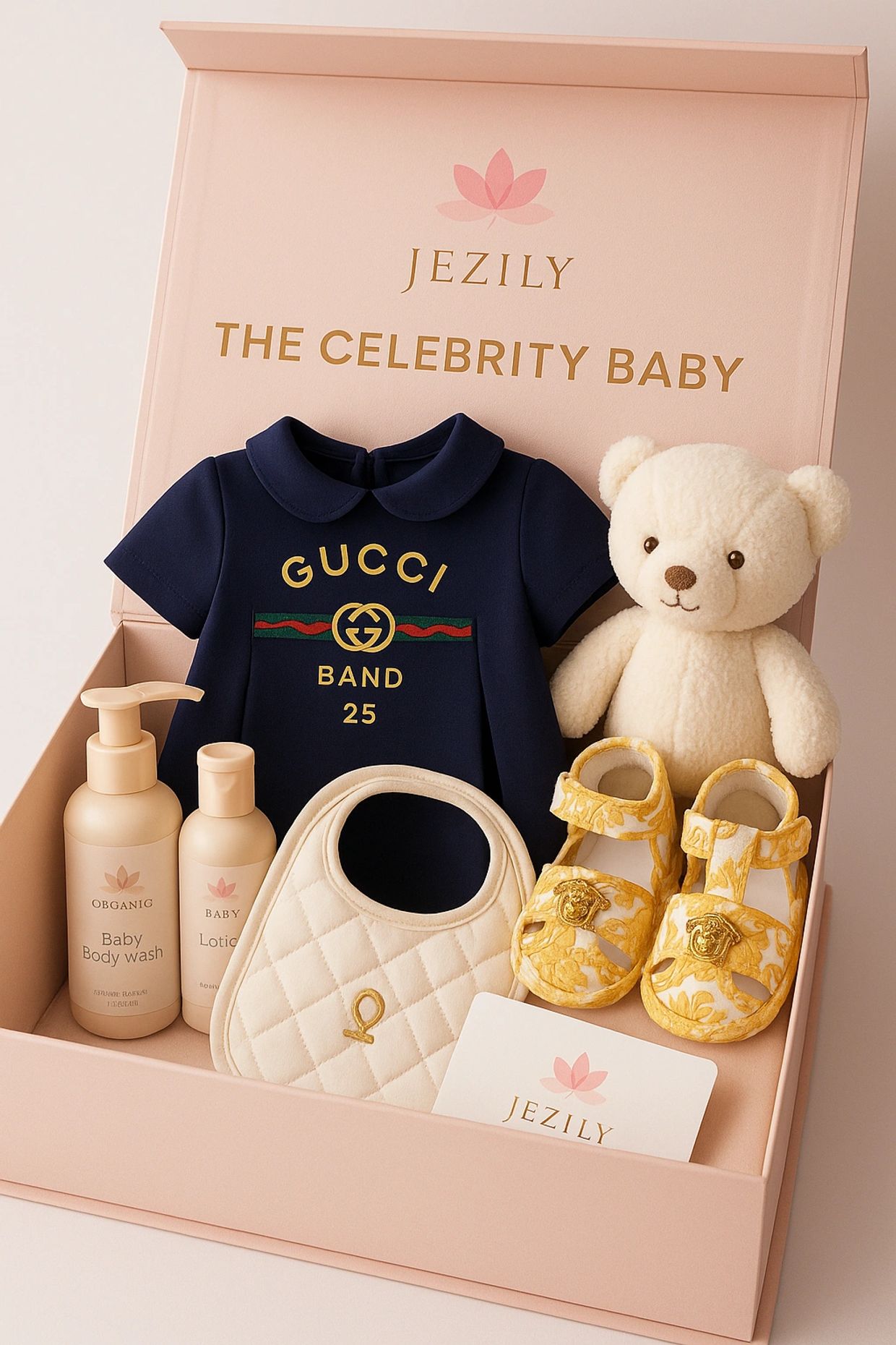 🌟 The Celebrity Baby Set
Luxury meets cuteness! Designer outfit, gold-trimmed shoes, plush toy, org