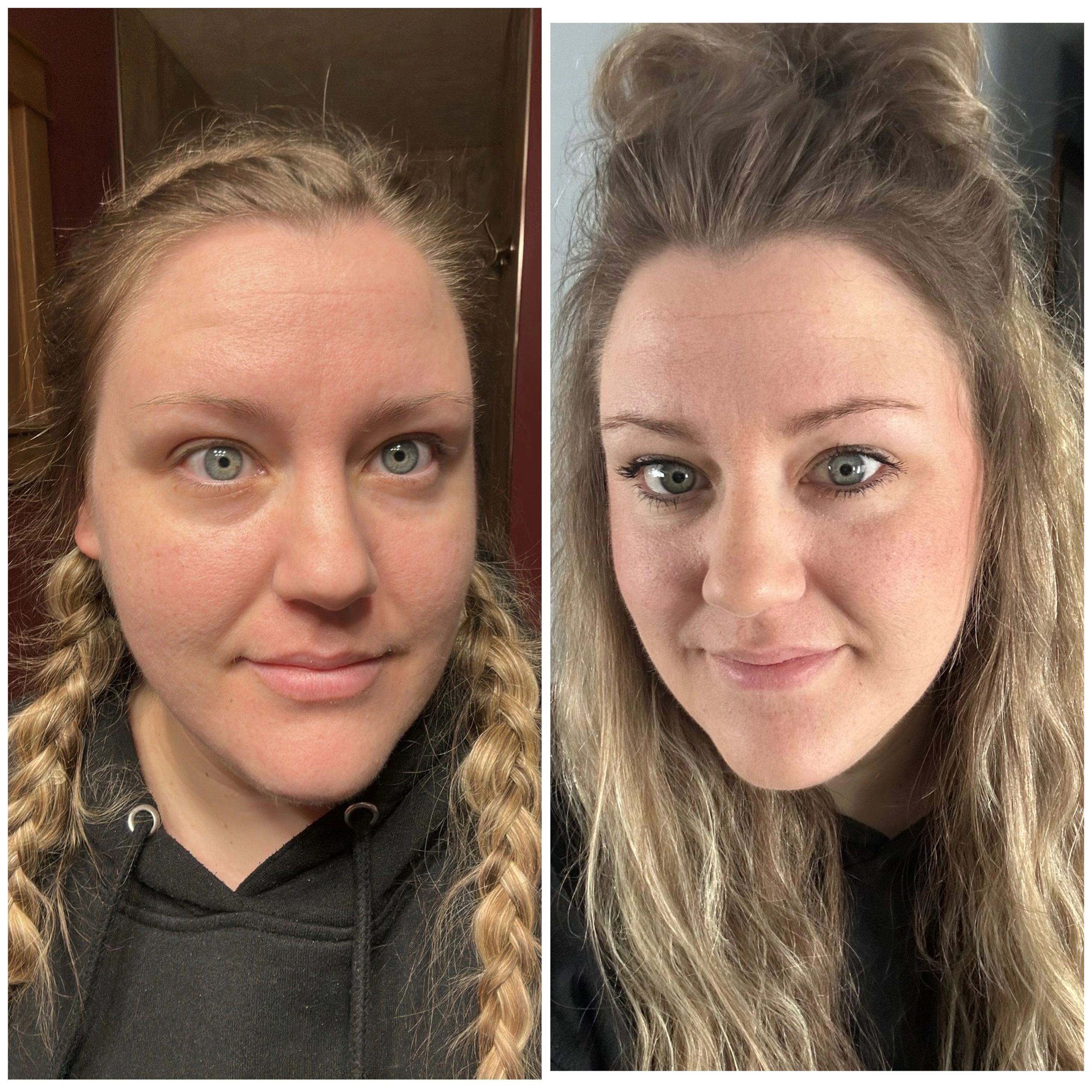 A before and after picture of a woman with makeup on.