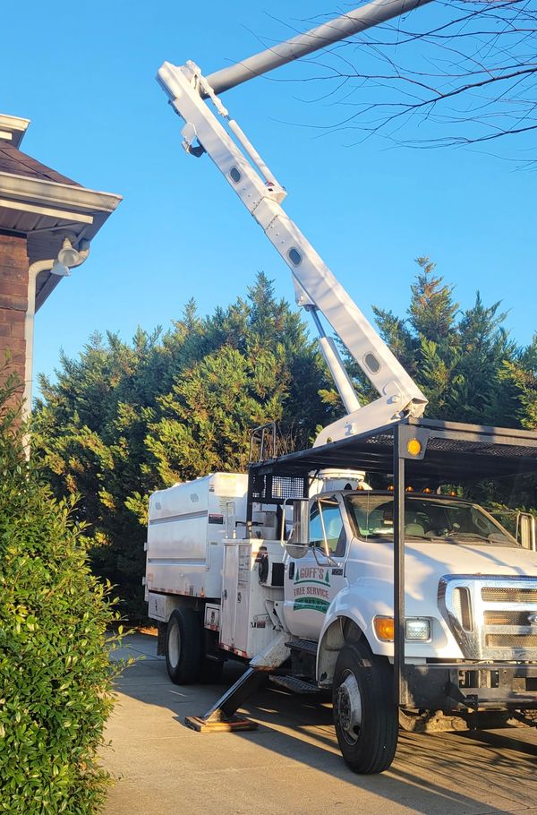 Boom truck removing tree limbs above a house.