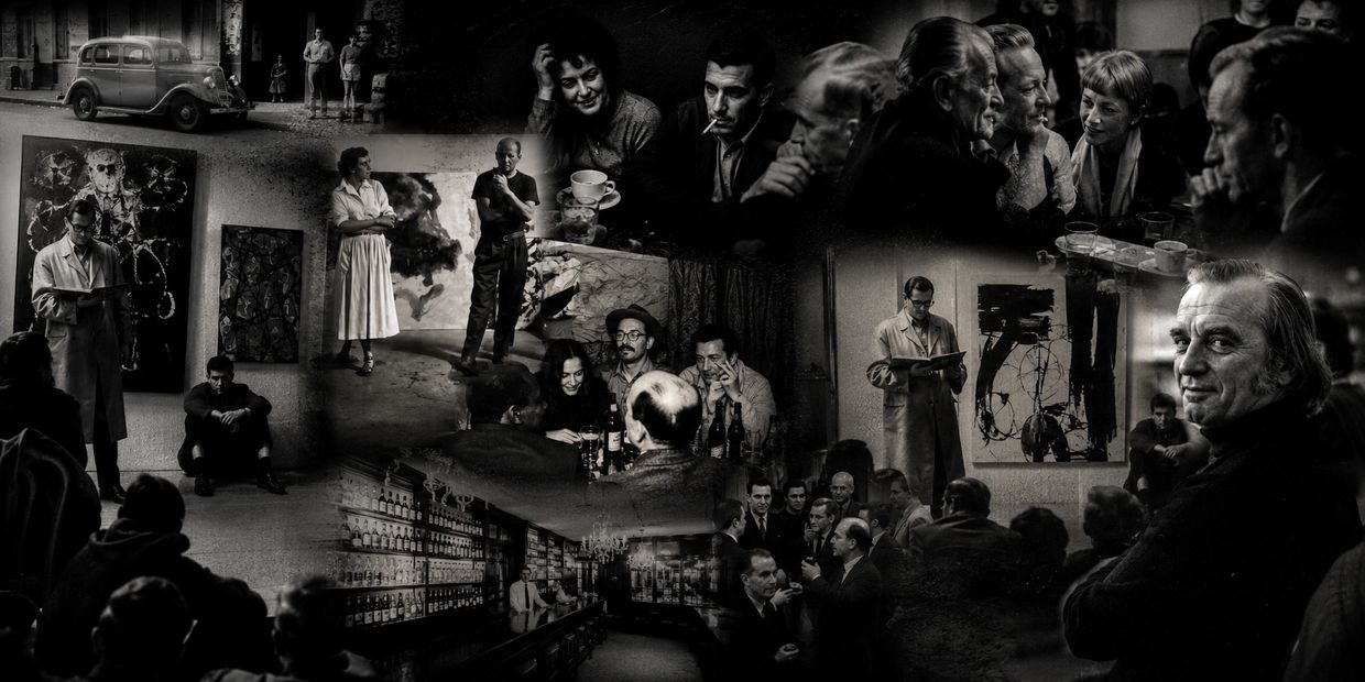 Vintage black-and-white collage of social and artistic scenes from mid-20th century.
